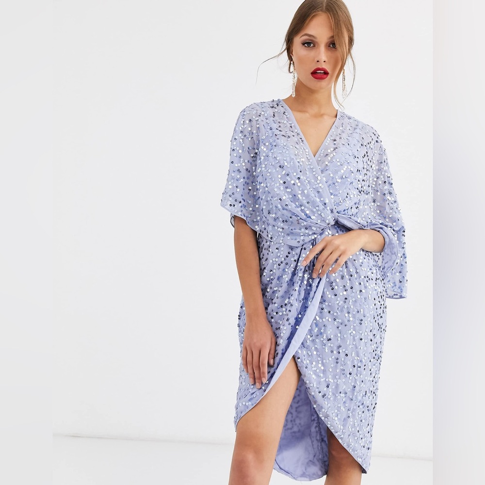 ASOS DESIGN scatter sequin knot front kimono midi dress